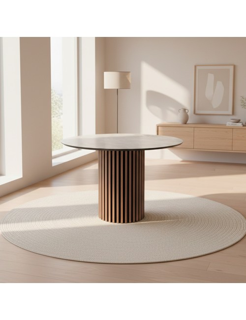Tavolo rotondo Olympus piano effetto marmo bianco mola e base cannettata rovere 110x110x76