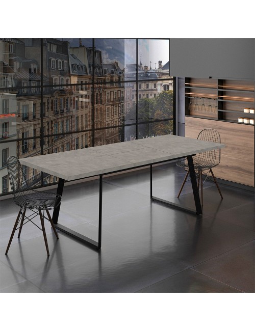 Tavolo allungabile Lavinya piano grigio cemento e gambe in metallo nero 170x90x75h
