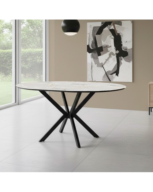Tavolo rotondo allungabile Diano effetto marmo bianco mola con gambe nere in metallo 110x110x76H