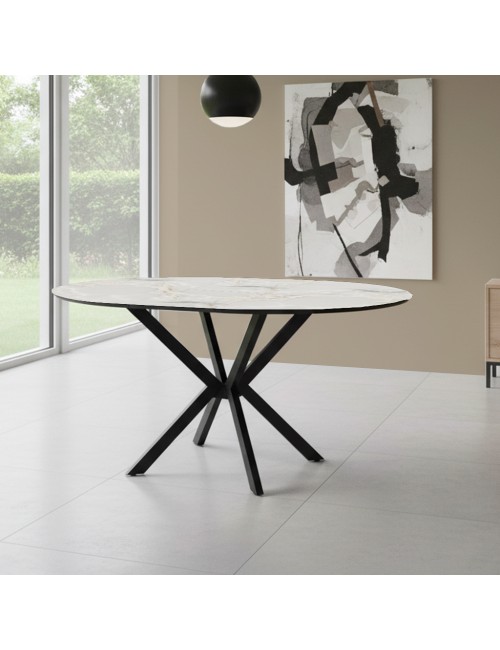 Tavolo rotondo allungabile Diano effetto marmo bianco mola con gambe nere in metallo 110x110x76H
