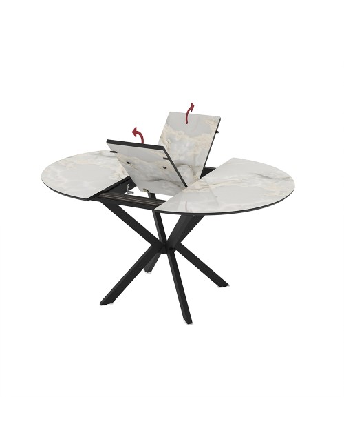 Tavolo rotondo allungabile Diano effetto marmo bianco mola con gambe nere in metallo 110x110x76H
