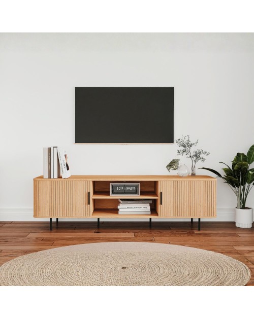 Mobile porta tv Kajsa56B con ante scorrevoli listellate e vani a giorno colore rovere oak 160x40x45H
