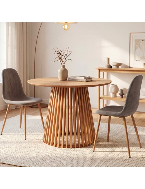 Tavolo rotondo Garle81A con base cannettata a listelli in legno naturale 100 cm