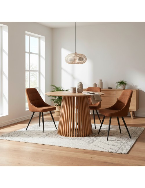 Tavolo rotondo Garle81A con base cannettata a listelli in legno naturale 100 cm