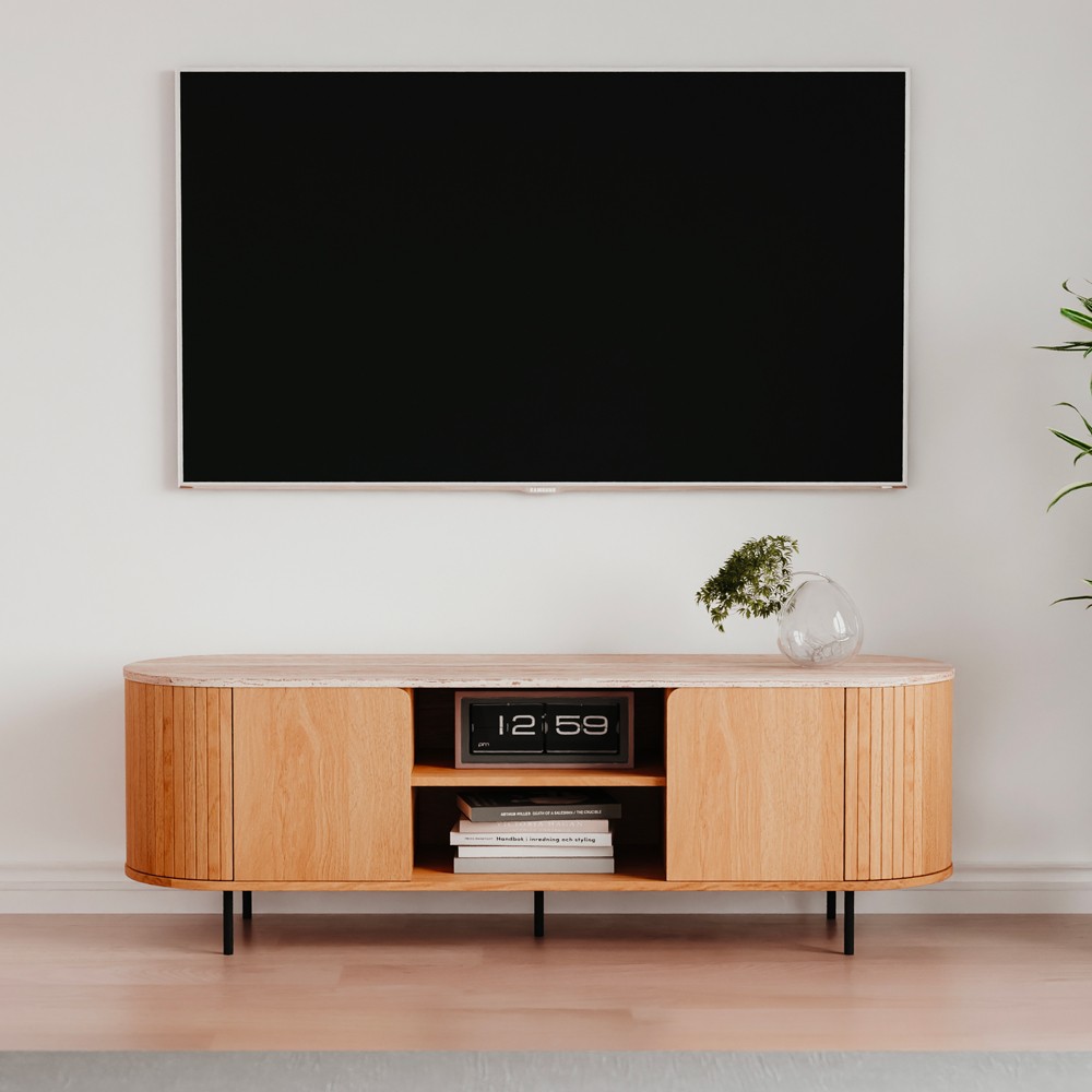 Mobile porta tv Fabia56A colore rovere oak con top effetto travertino e laterali listellati 140 cm