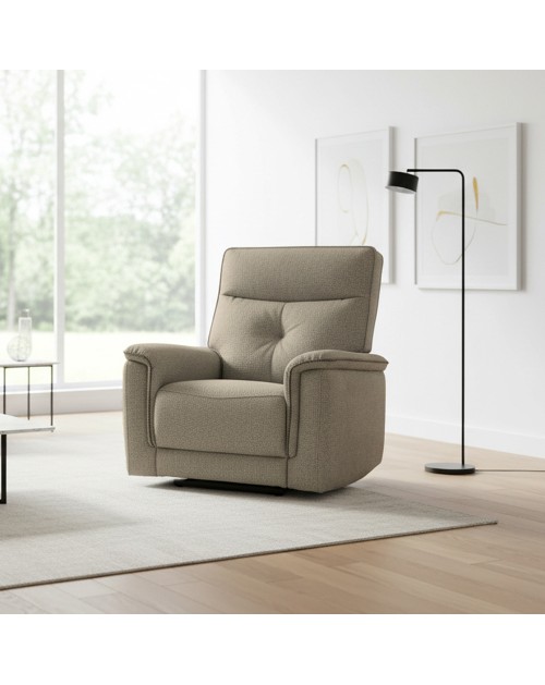 Poltrona relax Elysio con recliner elettrico in tessuto sabbia