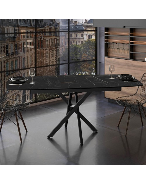 Tavolo allungabile Filis piano effetto marmo nero e oro e gambe in metallo nero 145x90x76H