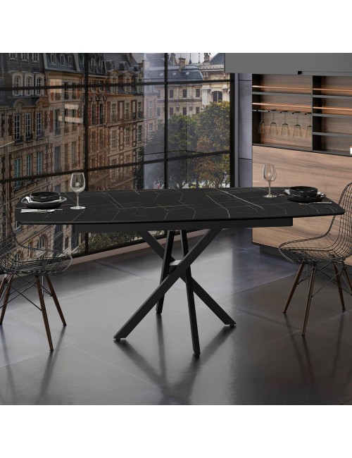 Tavolo allungabile Filis piano effetto marmo nero e oro e gambe in metallo nero 145x90x76H