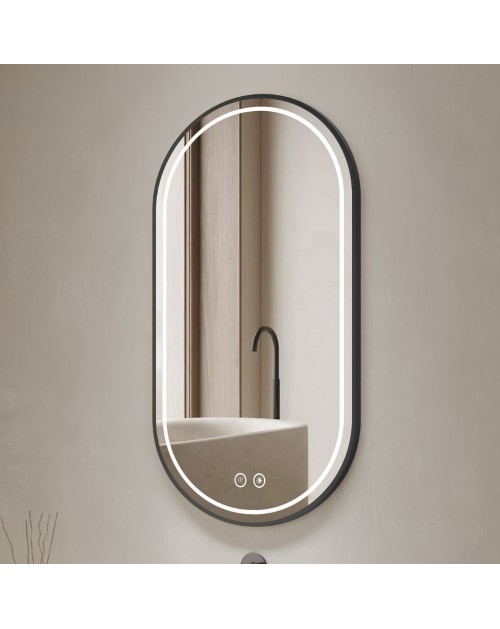 Specchio smart ovale anti-appannamento YJ-2004BL 90x60 con cornice nera in acciaio Inox satinato