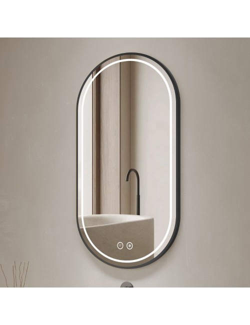 Specchio smart ovale anti-appannamento YJ-2004BL 90x60 con cornice nera in acciaio Inox satinato