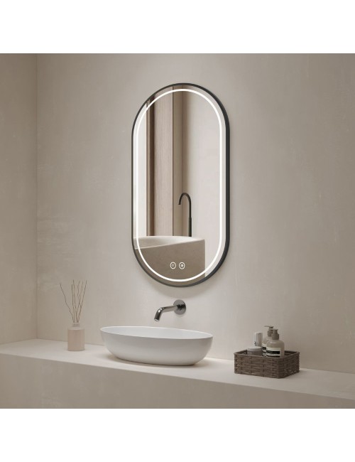 Specchio smart ovale anti-appannamento YJ-2004BL 90x60 con cornice nera in acciaio Inox satinato
