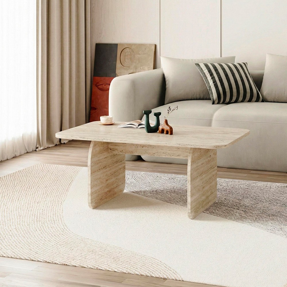 Tavolino da salotto Pietra 100x60 cm colore travertino con gambe a pannello e bordi arrotondati