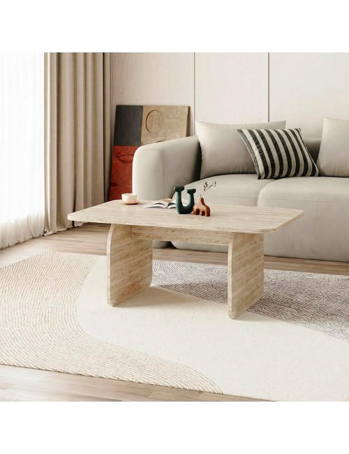 Tavolino da salotto Pietra 100x60 cm colore travertino con gambe a pannello e bordi arrotondati