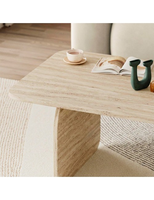 Tavolino da salotto Pietra 100x60 cm colore travertino con gambe a pannello e bordi arrotondati