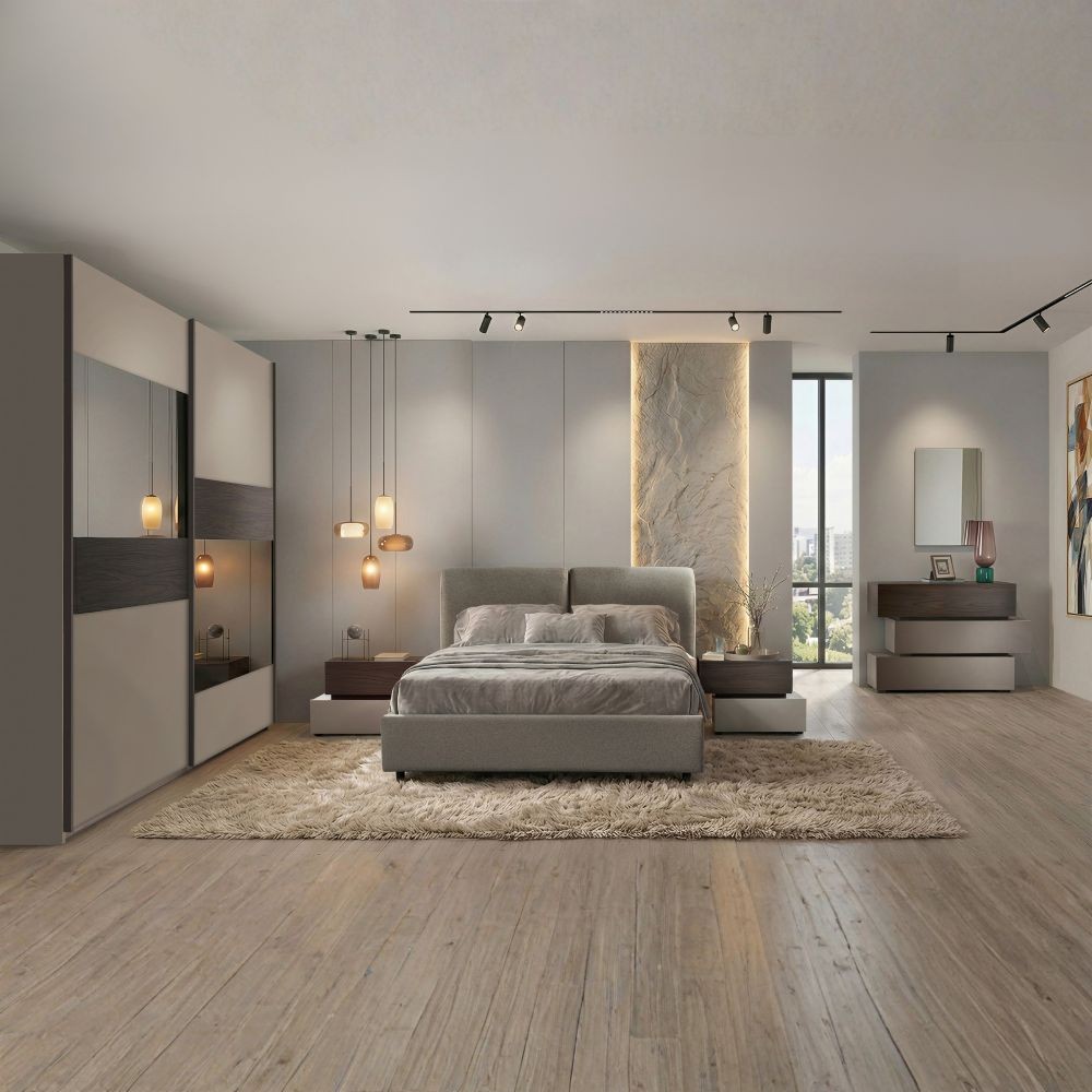 Camera da letto tortora e noce armadio 2 ante scorrevoli con specchi e letto contenitore Kendra