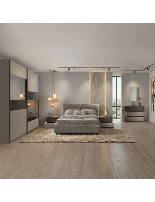 Camera da letto tortora e noce armadio 2 ante scorrevoli con specchi e letto contenitore Kendra