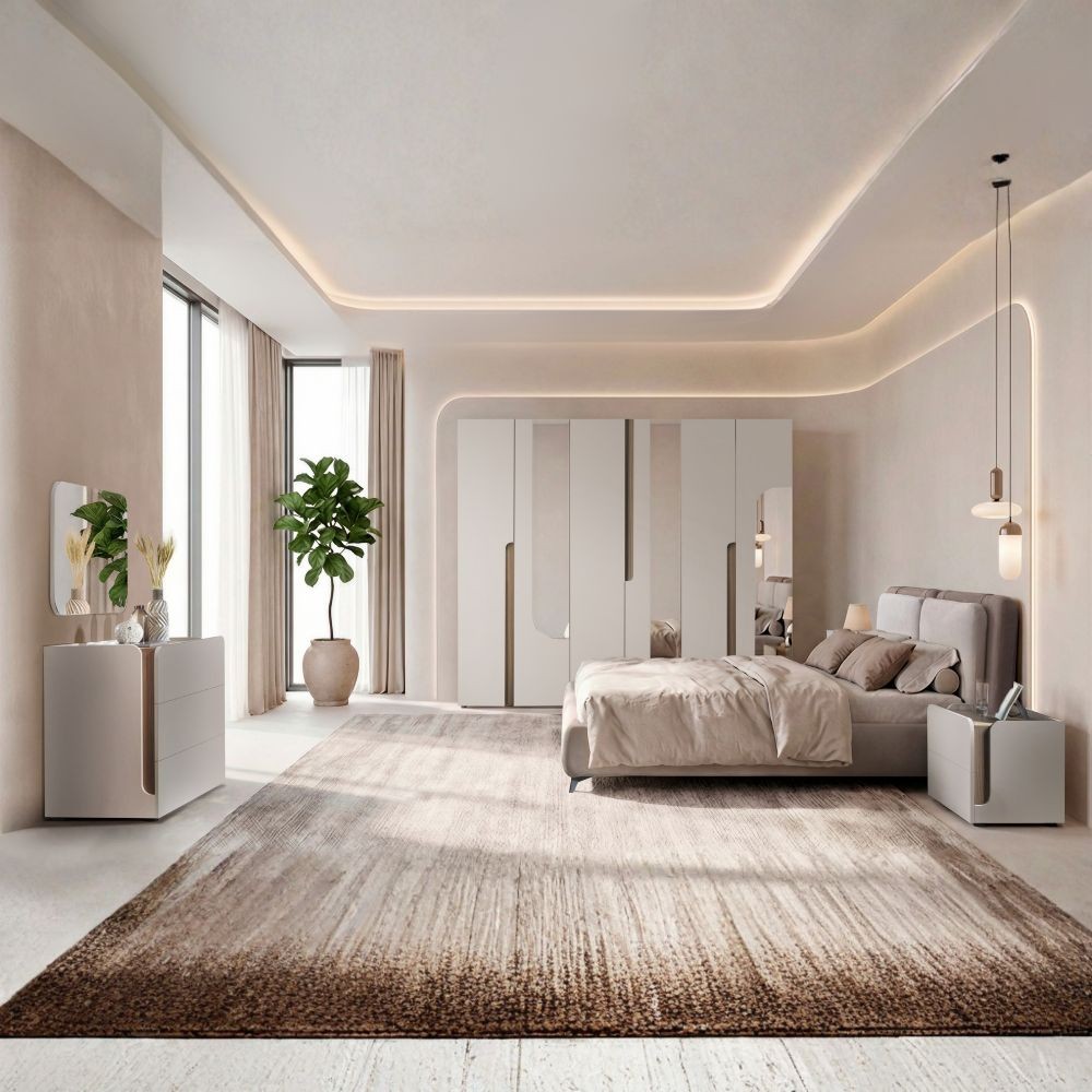 Camera da letto cashmere olmo biscotto armadio 6 ante con specchi e letto contenitore Loana