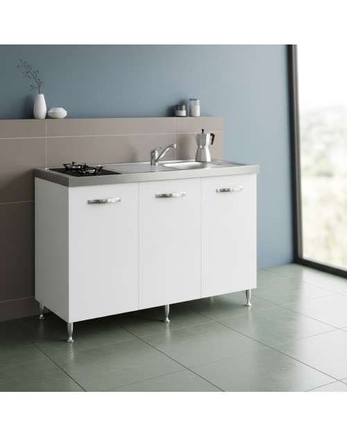 Cucinino Indiano120K30 bianco frassinato con top inox e piano cottura a gas in vetro