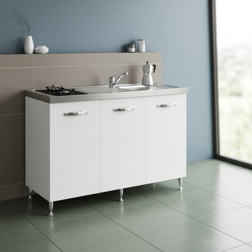 Cucinino Indiano120K30 bianco frassinato con top inox e piano cottura a gas in vetro