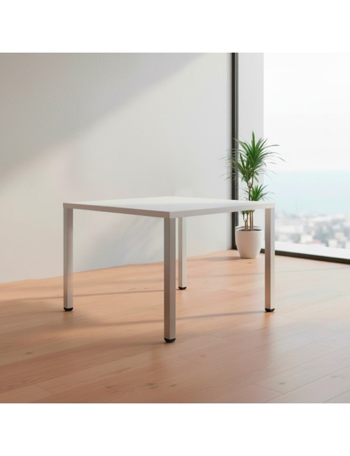 Tavolo Quadrato Leccino 80x80 con Gambe Regolabili in Altezza – Bianco e Alluminio