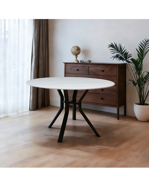 Tavolo Rotondo Aurora Ø120 con Piano Ceramica Bianco Lucido e Struttura Nera – Eleganza Moderna