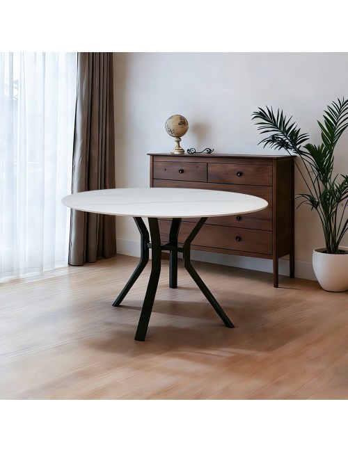 Tavolo Rotondo Aurora Ø120 con Piano Ceramica Bianco Lucido e Struttura Nera – Eleganza Moderna