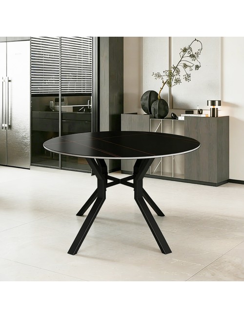Tavolo Rotondo Aurora Ø120 con Piano Ceramica Nero Opaco e Struttura Nera – Eleganza Moderna