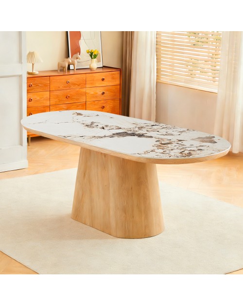 Tavolo Ovale Nordico 200x100 con Piano Effetto Marmo Bianco Arabesque e Base Rovere Naturale – Design Elegante