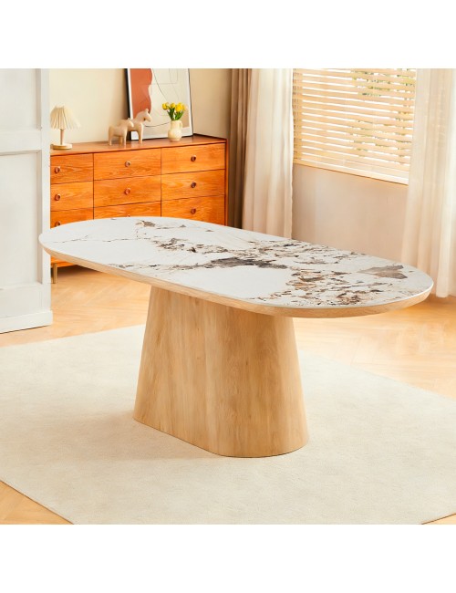 Tavolo Ovale Nordico 200x100 con Piano Effetto Marmo Bianco Arabesque e Base Rovere Naturale – Design Elegante