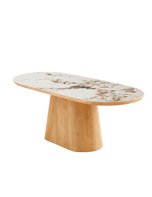 Tavolo Ovale Nordico 200x100 con Piano Effetto Marmo Bianco Arabesque e Base Rovere Naturale – Design Elegante