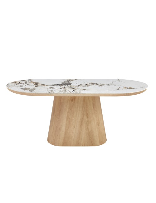 Tavolo Ovale Nordico 200x100 con Piano Effetto Marmo Bianco Arabesque e Base Rovere Naturale – Design Elegante