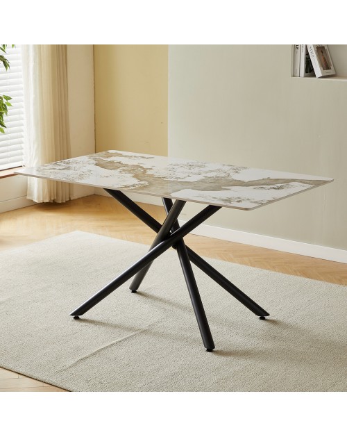Tavolo Linus2358 con piano in ceramica effetto marmo bianco pandora brown lucido e gambe in metallo nero 140x80x76H