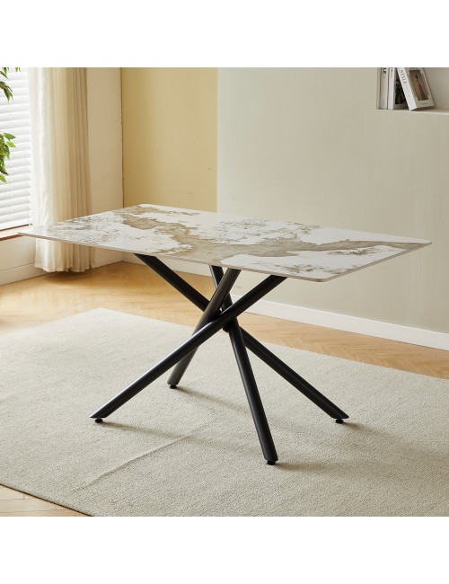 Tavolo Linus2358 con piano in ceramica effetto marmo bianco pandora brown lucido e gambe in metallo nero 140x80x76H