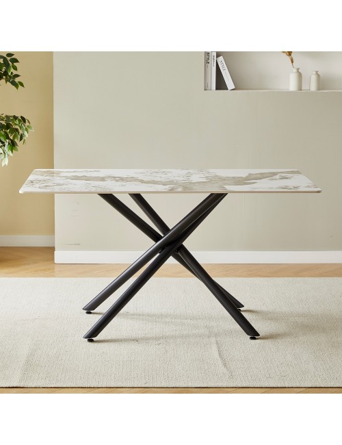 Tavolo Linus2358 con piano in ceramica effetto marmo bianco pandora brown lucido e gambe in metallo nero 140x80x76H