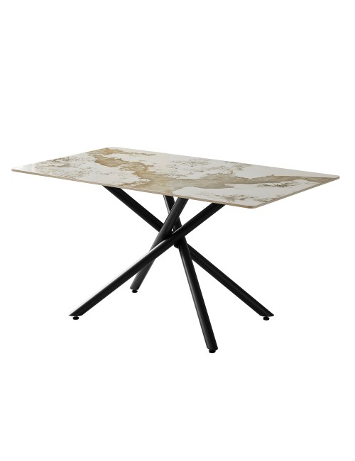 Tavolo Linus2358 con piano in ceramica effetto marmo bianco pandora brown lucido e gambe in metallo nero 140x80x76H