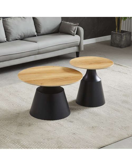Set Tavolini Dual Rotondi in Ceramica e MDF rovere con Struttura in Metallo Nero – Coppia Tavoli Salotto Moderni