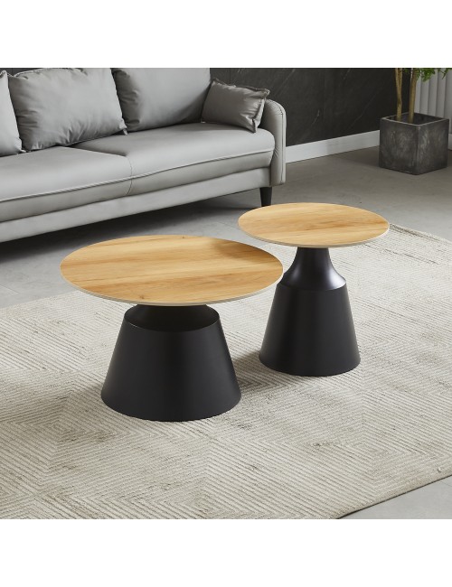 Set Tavolini Dual Rotondi in Ceramica e MDF rovere con Struttura in Metallo Nero – Coppia Tavoli Salotto Moderni