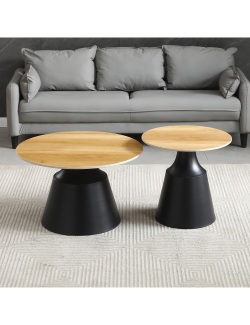 Set Tavolini Dual Rotondi in Ceramica e MDF rovere con Struttura in Metallo Nero – Coppia Tavoli Salotto Moderni