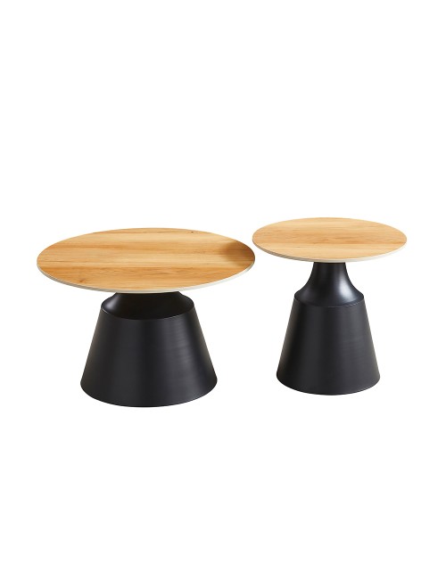 Set Tavolini Dual Rotondi in Ceramica e MDF rovere con Struttura in Metallo Nero – Coppia Tavoli Salotto Moderni