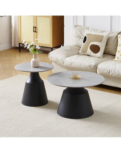 Set Tavolini Dual Rotondi in Ceramica Grigio Opaco con Struttura in Metallo Nero – Coppia Tavoli Salotto Moderni