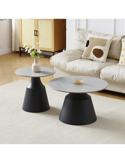 Set Tavolini Dual Rotondi in Ceramica Grigio Opaco con Struttura in Metallo Nero – Coppia Tavoli Salotto Moderni