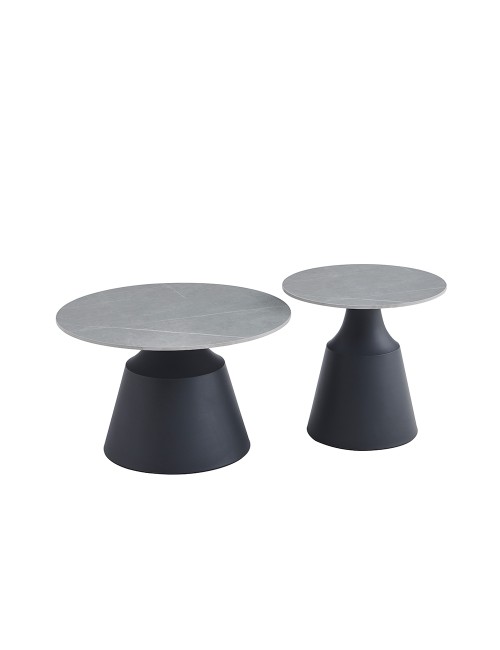 Set Tavolini Dual Rotondi in Ceramica Grigio Opaco con Struttura in Metallo Nero – Coppia Tavoli Salotto Moderni