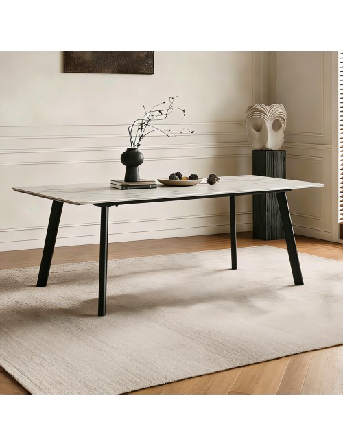 Tavolo Rettangolare Imperial 180x90 in Ceramica Effetto Marmo bianco Lucido e oro con Gambe in Metallo Nero