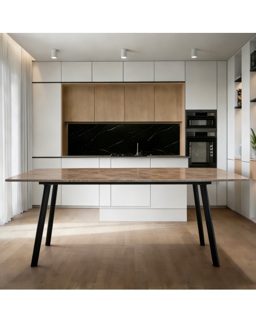 Tavolo Rettangolare Imperial 180x90 in Ceramica Effetto Marmo Senafe Brown Lucido con Gambe in Metallo Nero