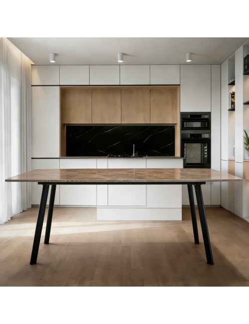 Tavolo Rettangolare Imperial 180x90 in Ceramica Effetto Marmo Senafe Brown Lucido con Gambe in Metallo Nero