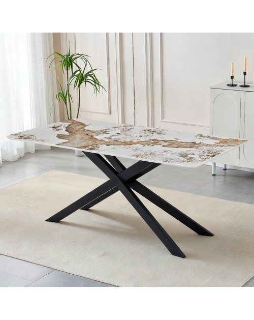 Tavolo Rettangolare Star 180x90 in Ceramica Effetto Marmo Bianco Pandora Brown Lucido con Struttura in Metallo Nero