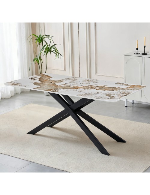 Tavolo Rettangolare Star 180x90 in Ceramica Effetto Marmo Bianco Pandora Brown Lucido con Struttura in Metallo Nero