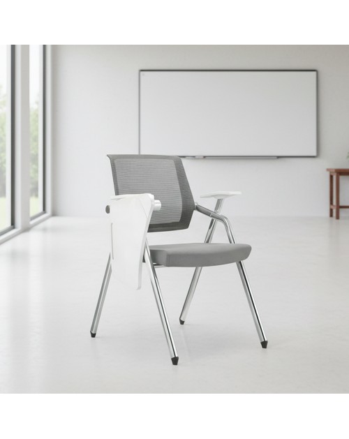Sedia ufficio Loreto con tavolino ribaltabile schienale in rete grigio e gambe acciaio cromato