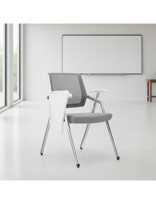 Sedia ufficio Loreto con tavolino ribaltabile schienale in rete grigio e gambe acciaio cromato