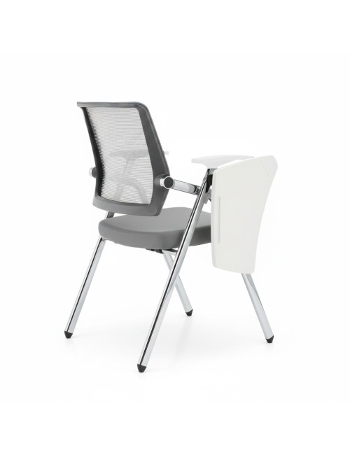 Sedia ufficio Loreto con tavolino ribaltabile schienale in rete grigio e gambe acciaio cromato